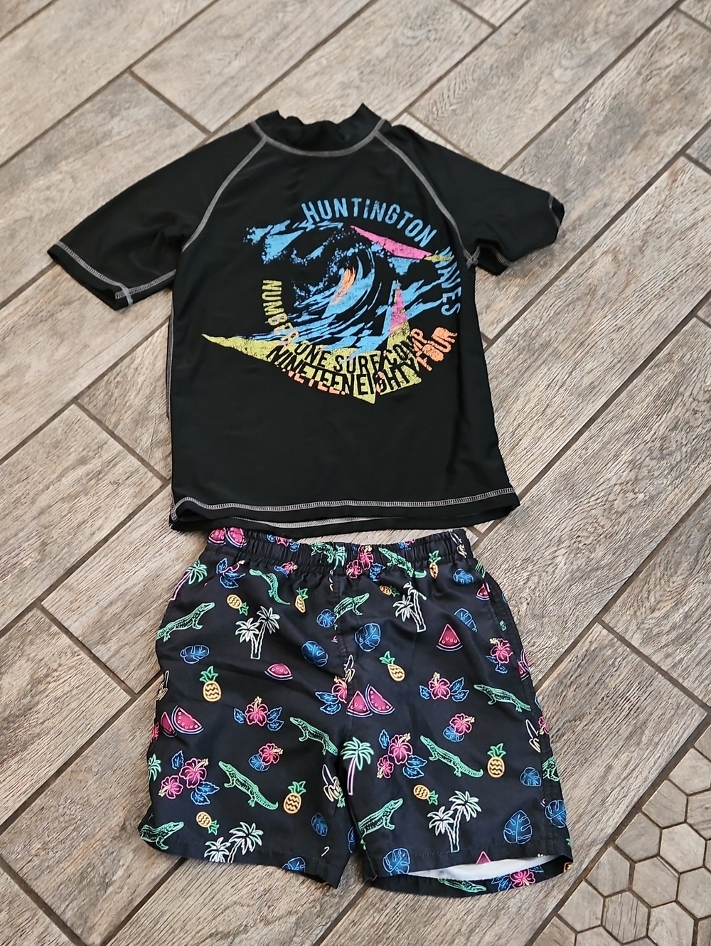 Kids Black Rash Guard and Tropical Print Swim Shorts - Black